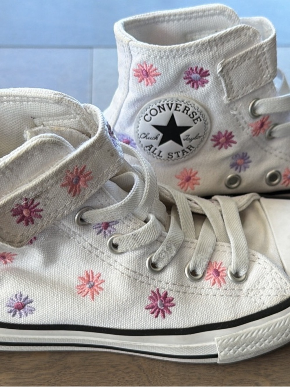 Converse Kids White High-Top Sneakers with Pink & Purple Flower Embroidery